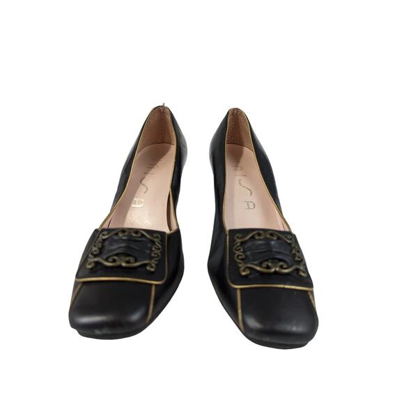 NWOT! UNISA! 1 SHOW! BLACK LEATHER/GOLD SQUARE TOE PUMPS, HEELS! SZ 8B - Picture 5 of 8